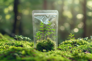 Fresh green seedlings emerging from a transparent package, surrounded by lush m, a Business Photo by ImageMir