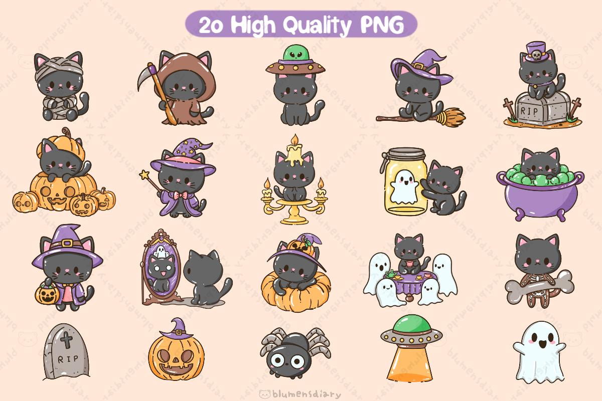 Cute Black Cat Clipart PNG Bundle, an Animal Illustration by Blumensdiary (Photo 9 of 11)