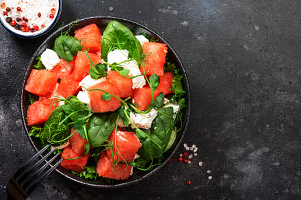 Summer watermelon salad bowl with goat cheese, spinach and pea s, a Food & Drink Photo by 5PH