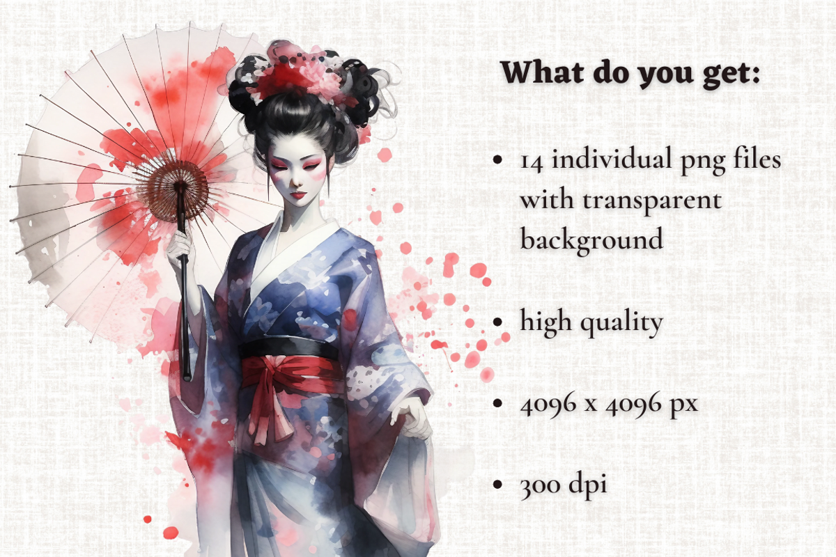 Watercolor Geisha Cliparts, a Person Illustration by Mash Mash Stickers (Photo 2 of 9)