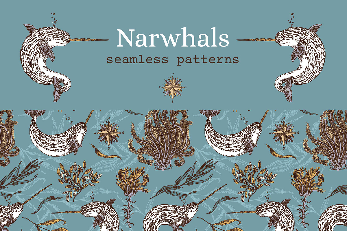 Narwhals. Seamless patterns., a Pattern Graphic by Kseniakrop (Photo 1 of 7)