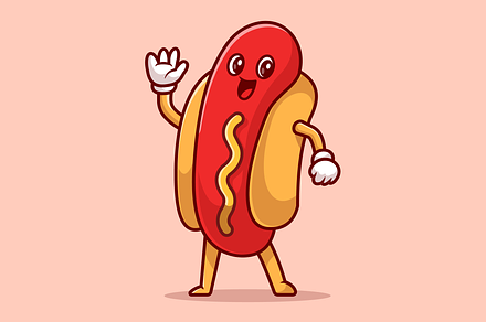 Cute Hotdog Waving Hand Cartoon, a Food Illustration by Catalyst Labs