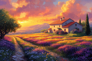 Vibrant sunset over a lavender field, a Photo by Tanuart