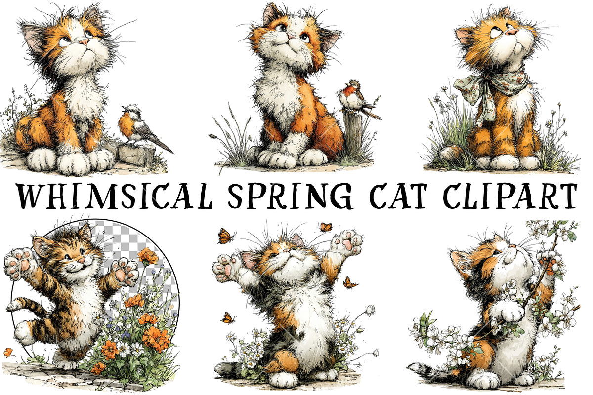 Whimsical Spring Cat Clipart, an Illustration by OK Design (Photo 2 of 6)