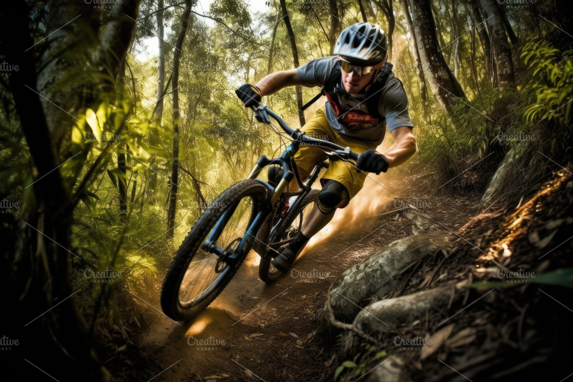 An action shot of a mountain biker speeding downhill on a rugged, a Sports & Recreation Photo by designvectx