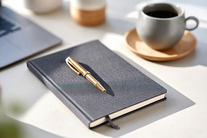 Elegant workspace featuring a notebook, pen, and coffee in a modern setting, a Photo by AlyaAnd