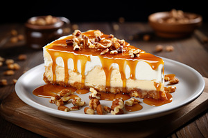 Piece of cheesecake with caramel and nuts on wooden table, a Food & Drink Photo by AlyaAnd