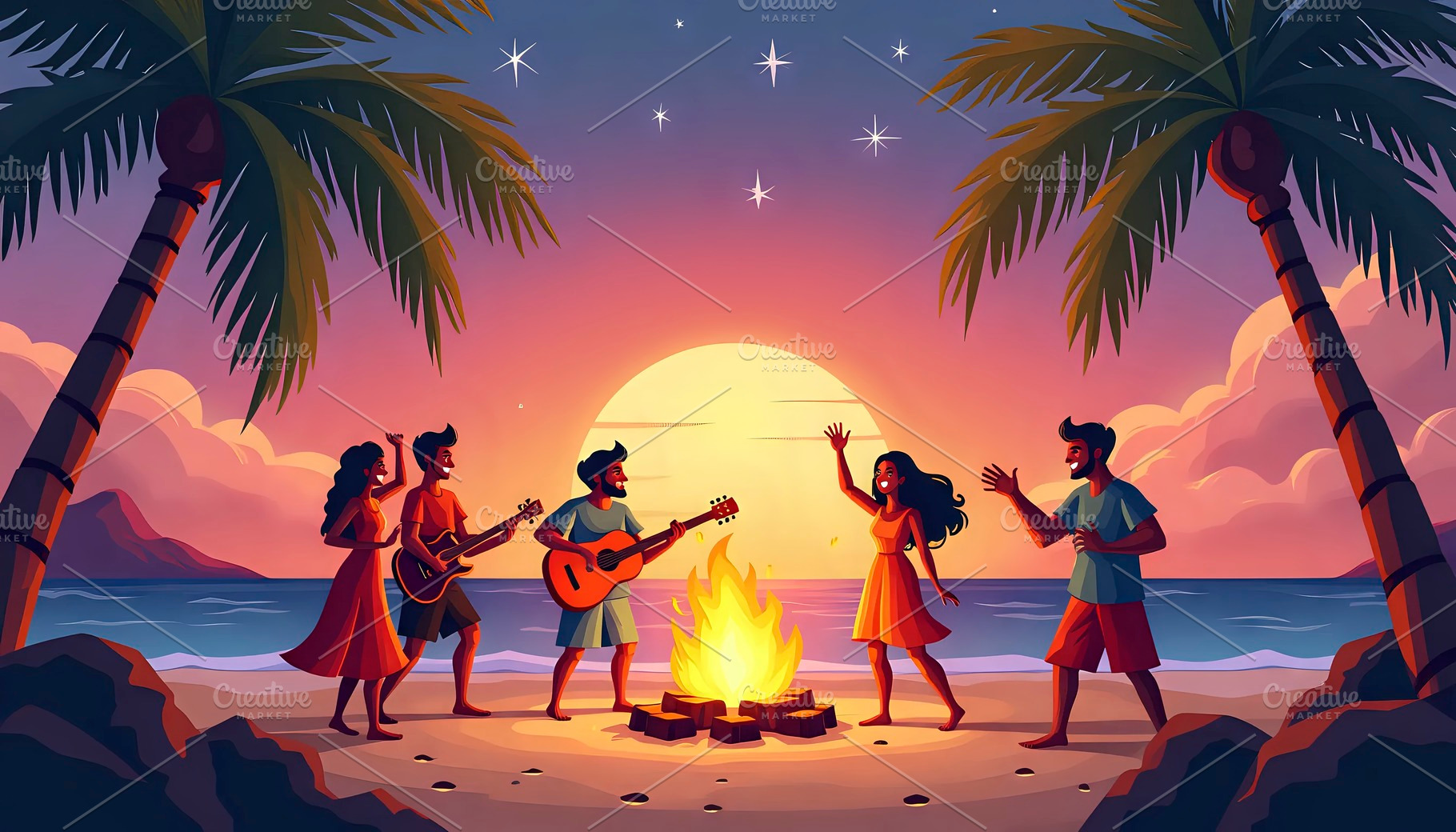 Island Bonfire Party With Guitar And, a Photo by LOGOCREATIVE
