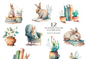 Bunny and Books. Watercolor rabbit, an Animal Illustration by AlineArtStore (Thumbnail 2 of 15)
