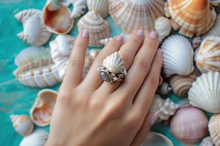 Hand adorned with seashell ring surr, a Photo by Iftikhar Alam
