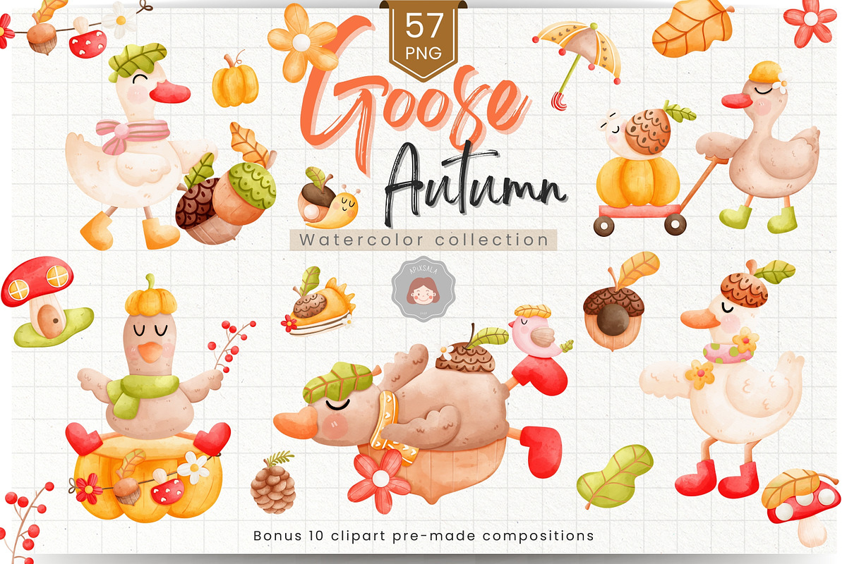 Goose Autumn Watercolor Clipart, an Illustration by Apixsala (Photo 1 of 10)