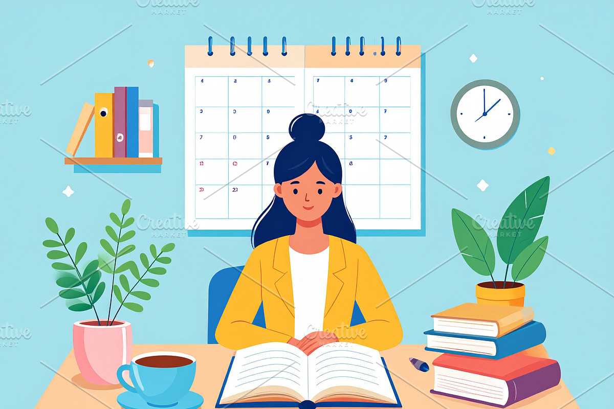 Teenager at a desk with a notebook, post-it notes, and highlight, an Education Illustration by DanFLCreativo