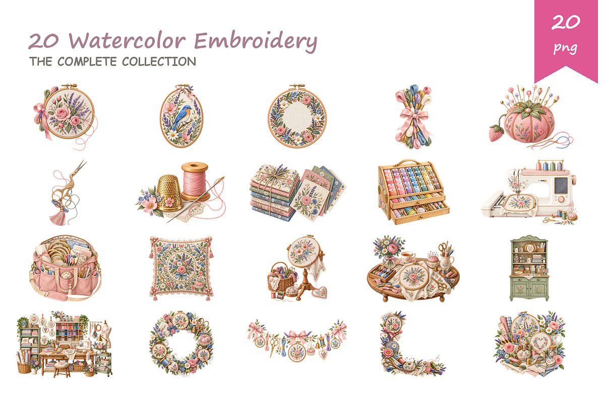 Watercolor Embroidery Clipart, a Decorative Illustration by BerryPieArt (Photo 2 of 4)