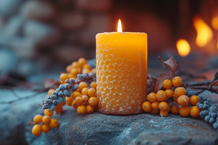 Textured orange candle on a stone, a Wallpaper Photo by Elena Vagengeim