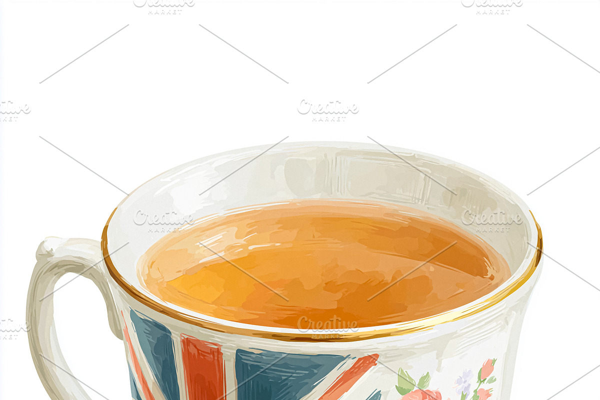 British flag design on a teacup filled with hot tea, served with, an Illustration by Studio ANNA