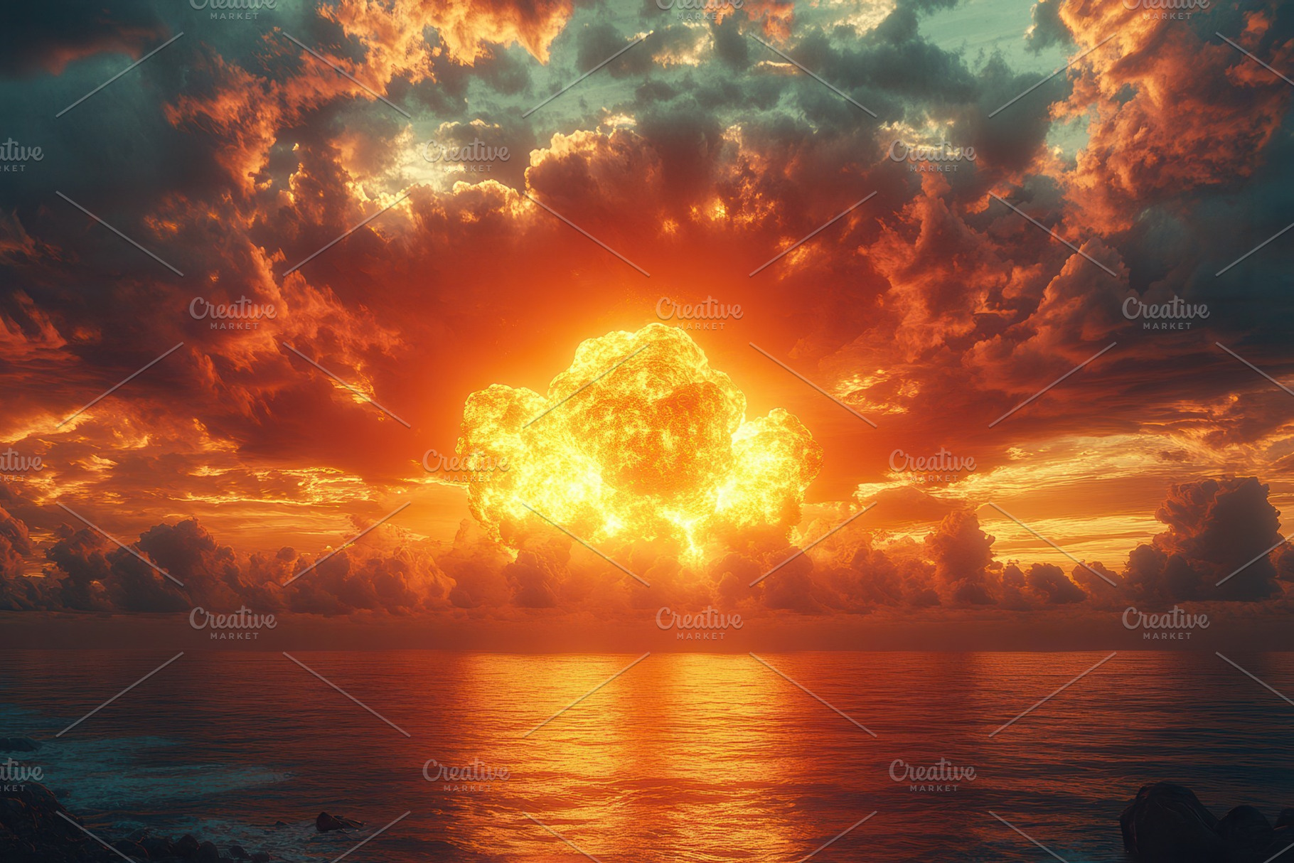 Dramatic sunset over the ocean with, a Photo by Tanuart