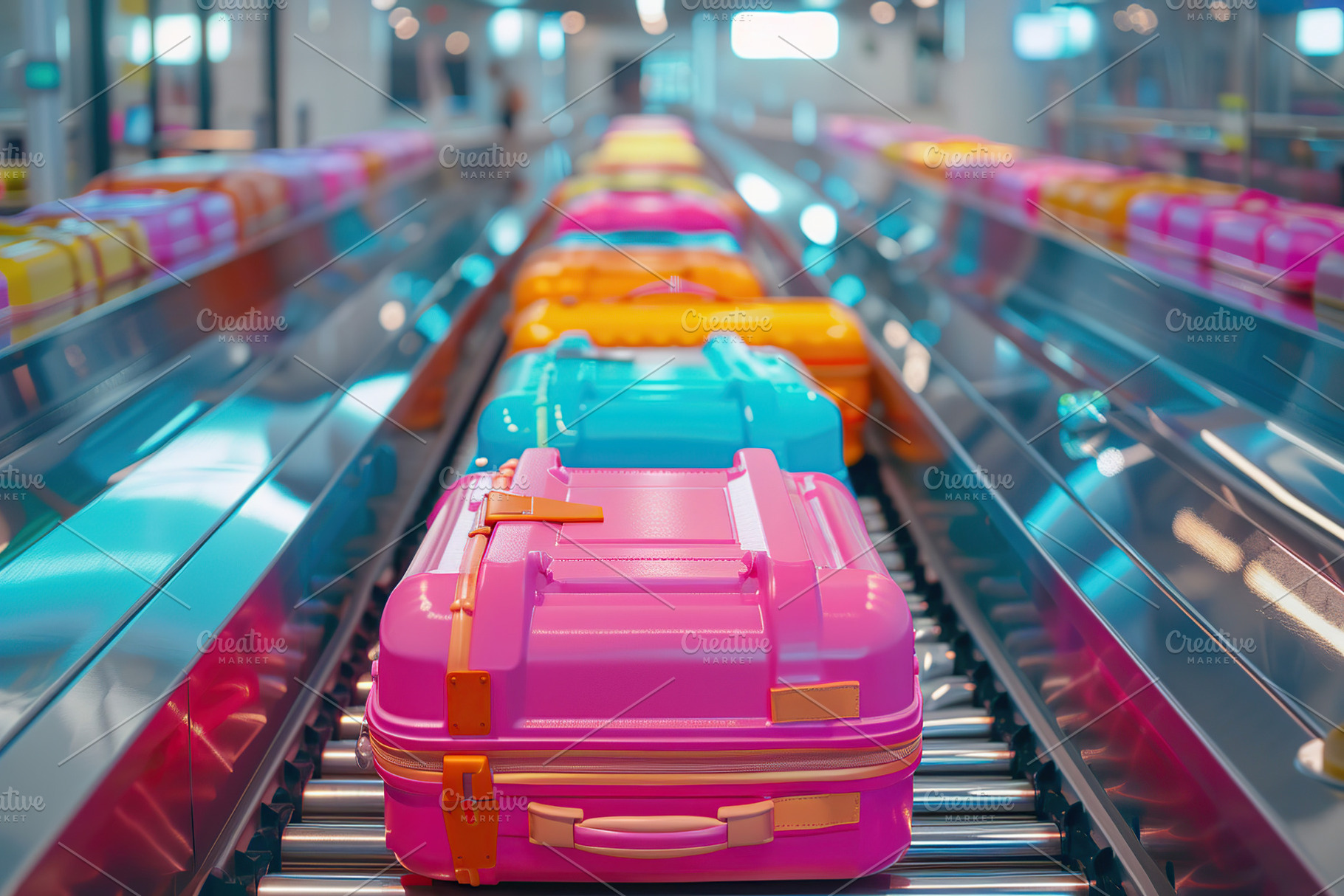 Luggage bags on conveyor belt in airport terminal. Travel concep, a Photo by AlyaAnd