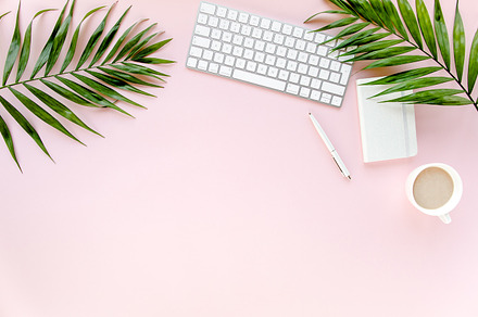 Stylized pink desk c of palm leaves featuring accessories, beauty, and blog, a Business Photo by K.Decor