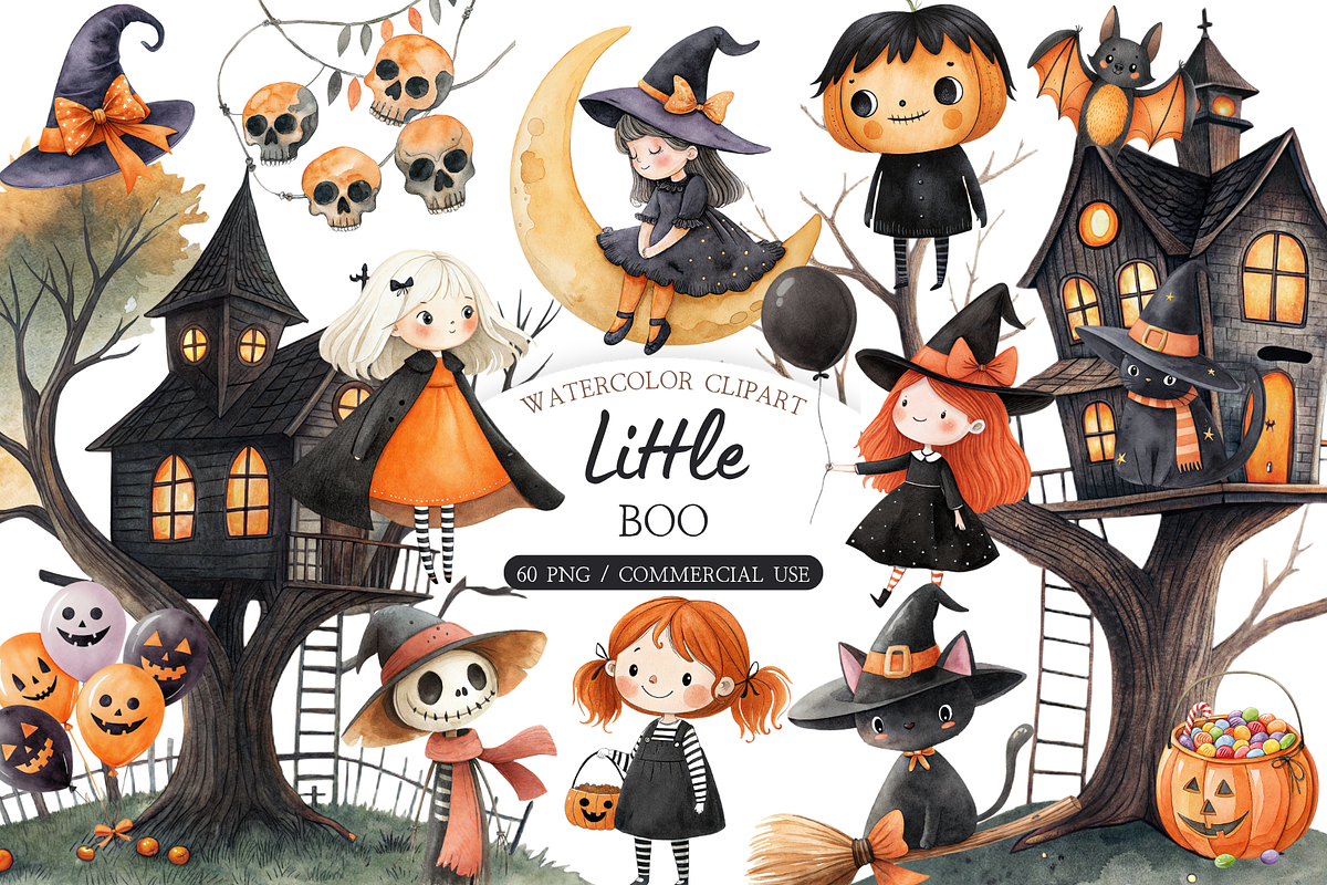 Cute Halloween Clipart PNG, a Seasonal Illustration by MockupWizard (Photo 1 of 6)