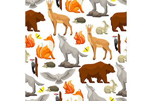 Seamless Pattern With Woodland Forest Animals And Birds. Stylized Illustration