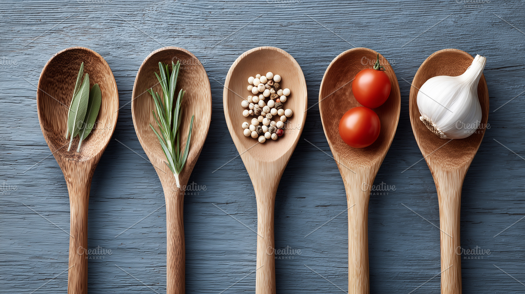 Wooden spoons filled with fresh herb, a Food & Drink Photo by MistyDay