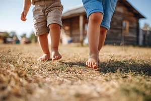 Kids enjoy carefree barefoot play on grass beneath a clear sky near a rustic wo, a Photo by AlyaAnd