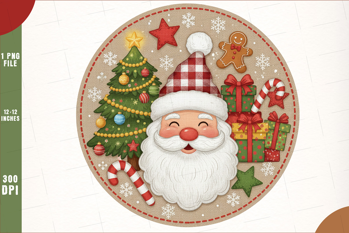 Round Patchwork Christmas Santa PNG, an Illustration by SinaCreation (Photo 1 of 7)
