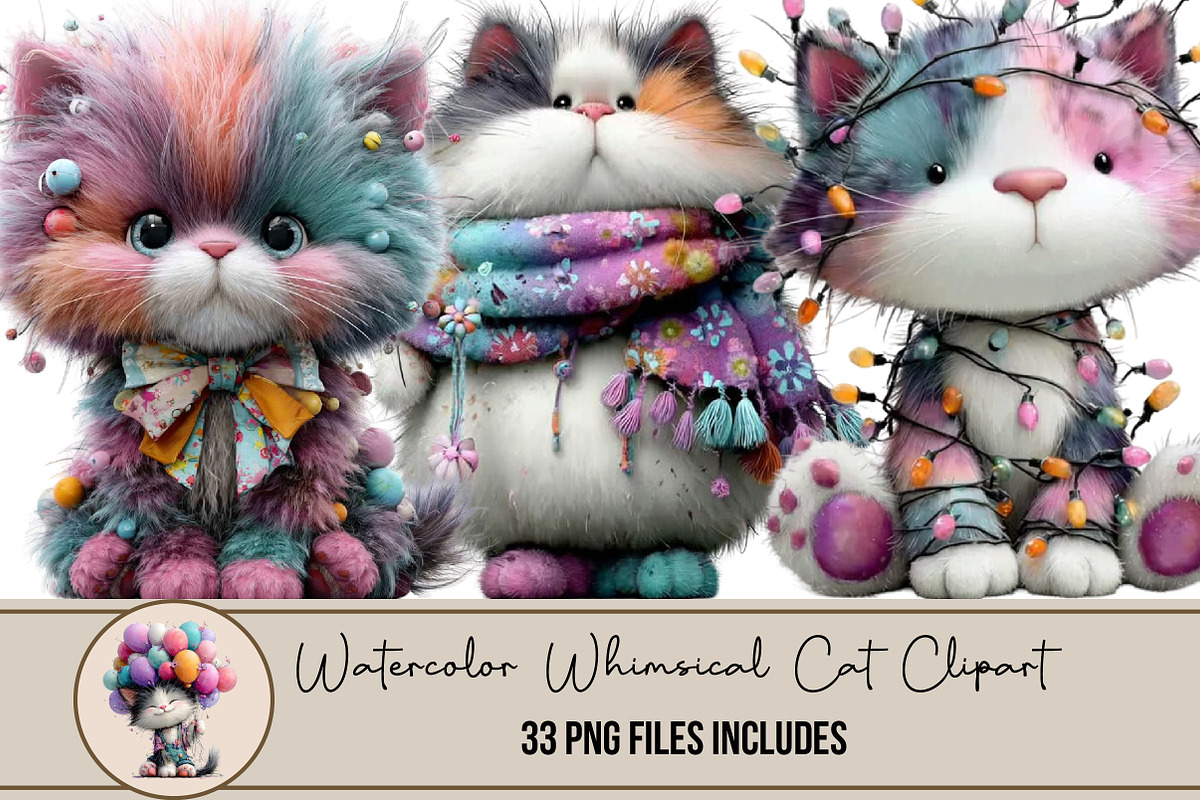 Watercolor Whimsical Cat Clipart, an Illustration by DreamArtGraphic (Photo 1 of 5)