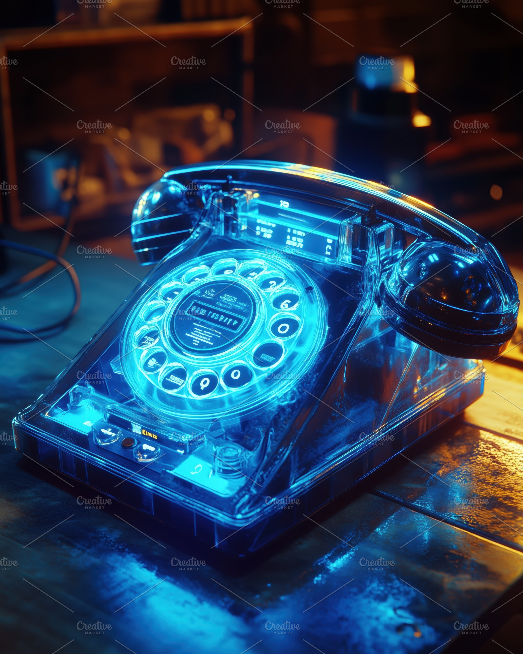 A vintage rotary phone with a transparent body illuminated by blue light, place, an Industrial Photo by Textures & Backgrounds