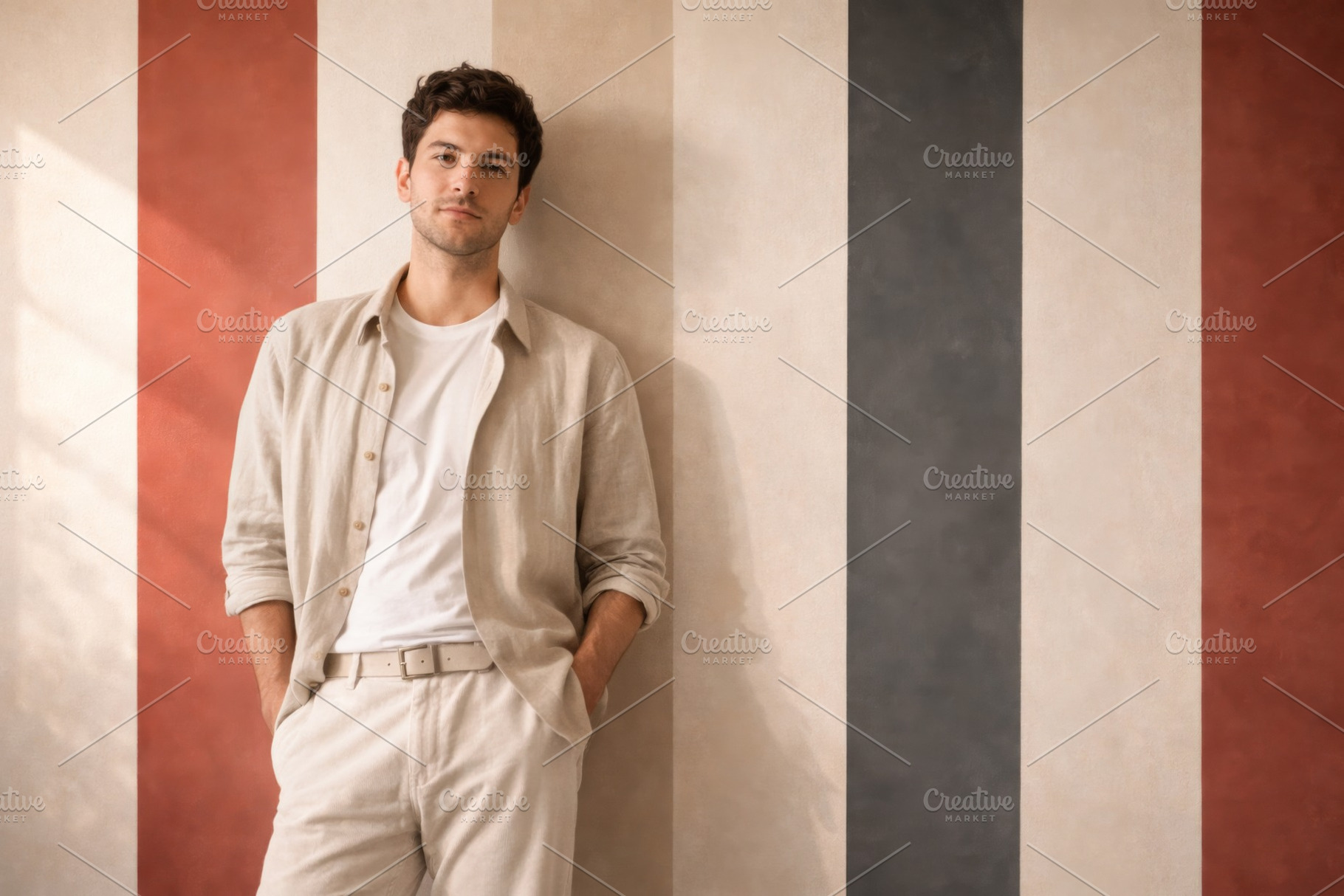 Man standing against retro circus stripe wall, casual outfit, a Photo by Dvoevnore photos