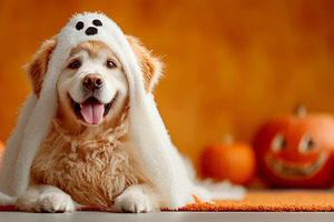 Happy golden retriever dog in ghost costume lying on orange rug, a Person Photo by José Manuel Gelpi