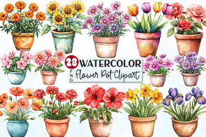Watercolor Flower Pot Plants Clipart, an Illustration by Rose Art
