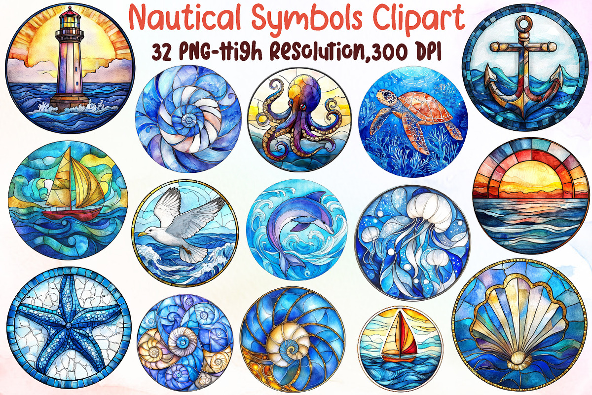 Stained Glass Nautical Symbols Clipa, an Illustration by Sublimation Artist (Photo 1 of 6)