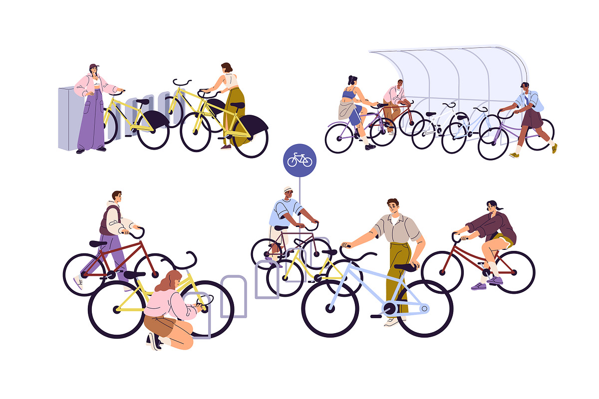 People parking bicycles at station, a Transportation Illustration by PaperTrident (Photo 1 of 4)
