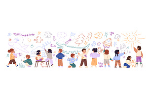 Cute kids drawing doodles on wall, a Person Illustration by PaperTrident