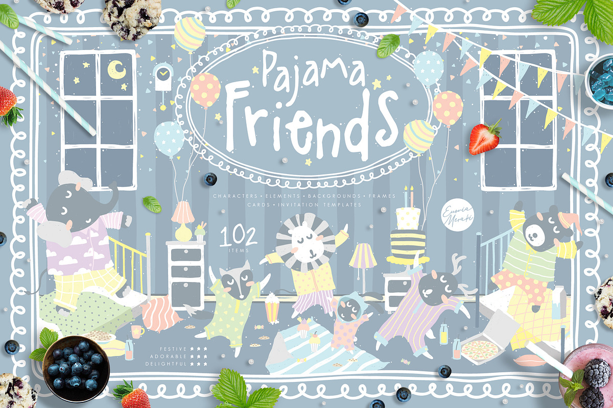Cute Animals Pajama Party Clipart, an Animal Illustration by Euonia Meraki (Photo 1 of 9)