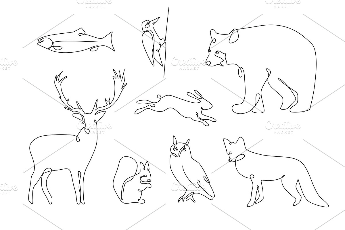 Continuous line wild animals set, an Animal Illustration by Mary P (Photo 2 of 2)