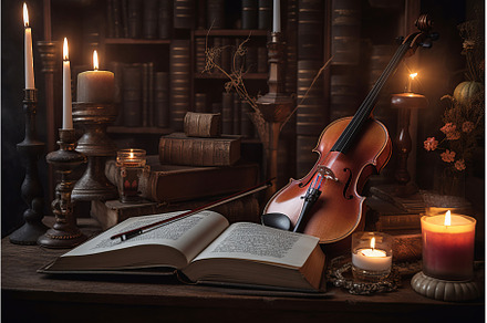 Beautiful instruments candles books, an Arts & Entertainment Photo by Ylivdesign