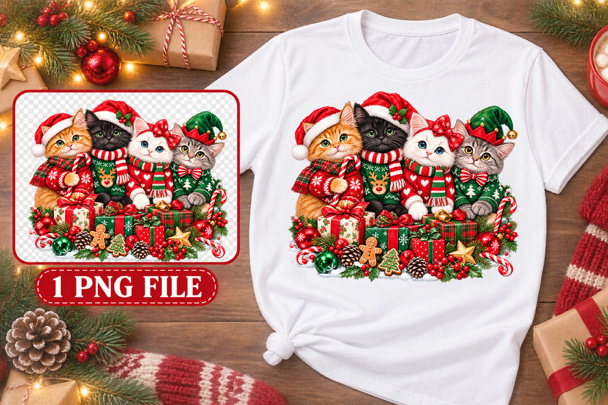 Cute Holiday Cat Family Design, a Seasonal Illustration by Watercolor design (Photo 2 of 3)