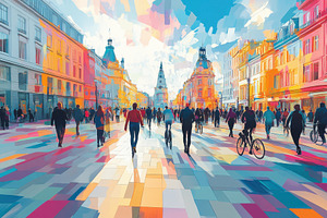 Vibrant city street scene pedestrian, a Photo by Pixeness Studio