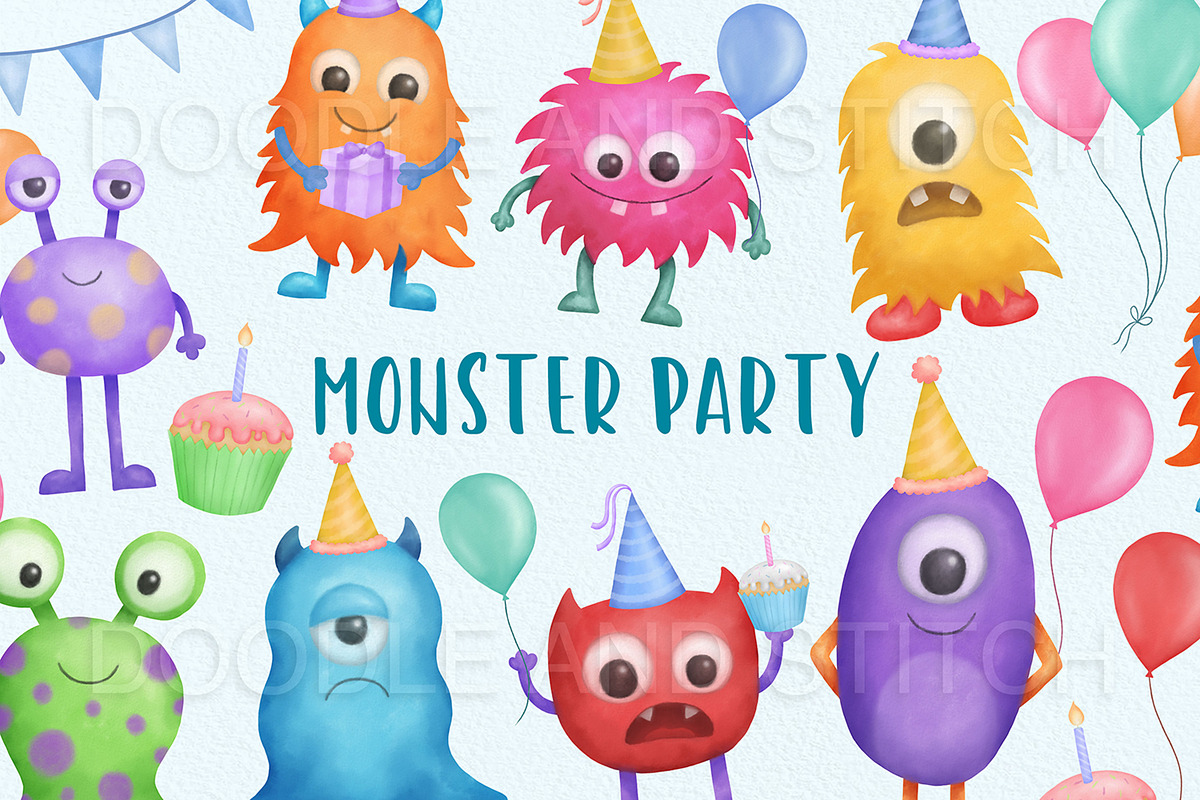 Monster Party Watercolor Clipart, an Illustration by Doodle and Stitch (Photo 1 of 2)
