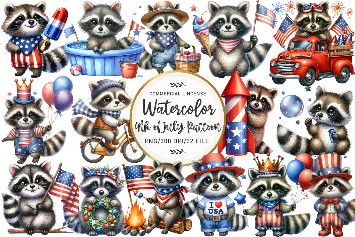 4th of July Raccoon Clipart, an Illustration by OK Design (Photo 1 of 5)