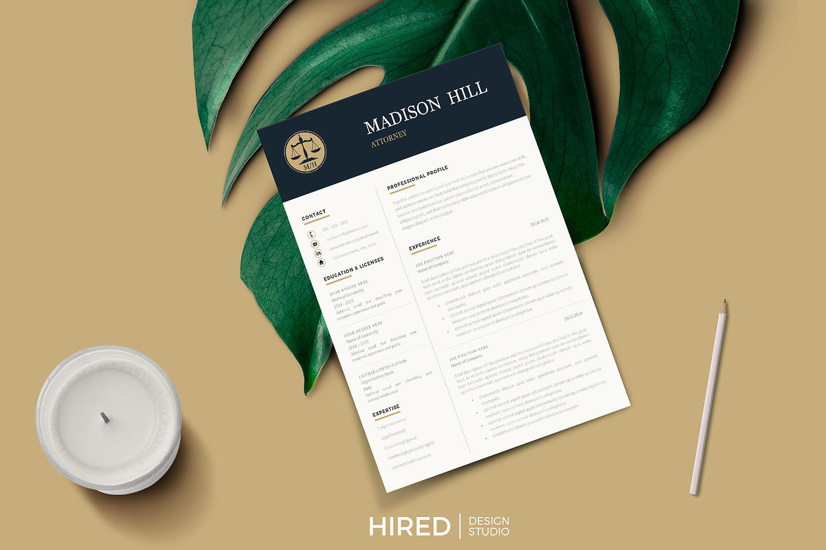 Attorney Resume template, Lawyer CV, a Resume Template by HIRED Design Studio (Photo 11 of 11)