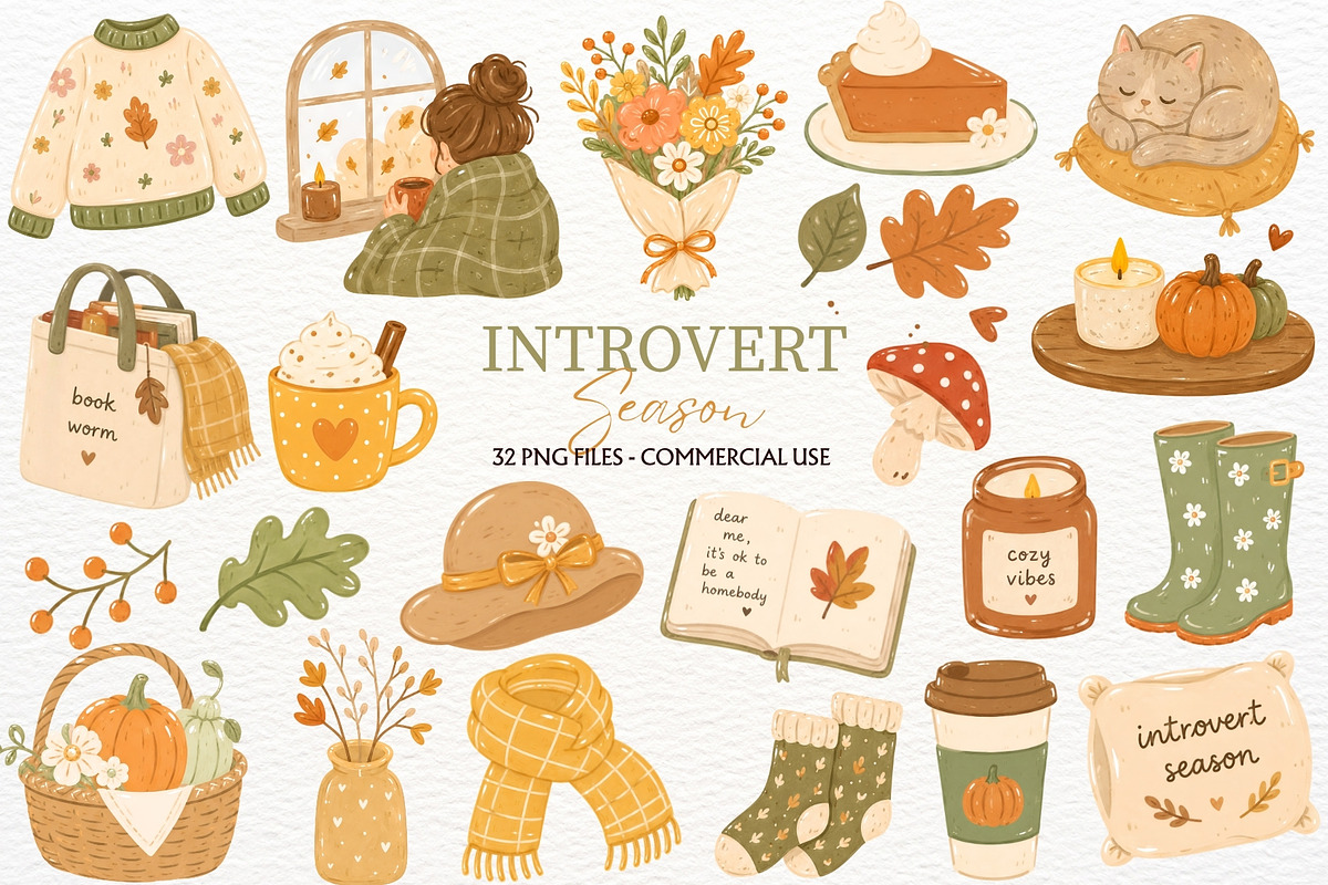 Cozy Autumn Clipart Introvert Season, a Seasonal Illustration by SugarCloudStudioArt (Photo 1 of 5)