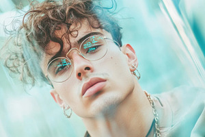 Young man with glasses gazes intentl, a Photo by Dvoevnore photos