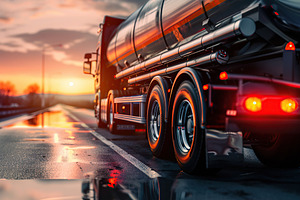 Big fuel tanker truck on the road with sunset, a Transportation Photo by AlyaAnd