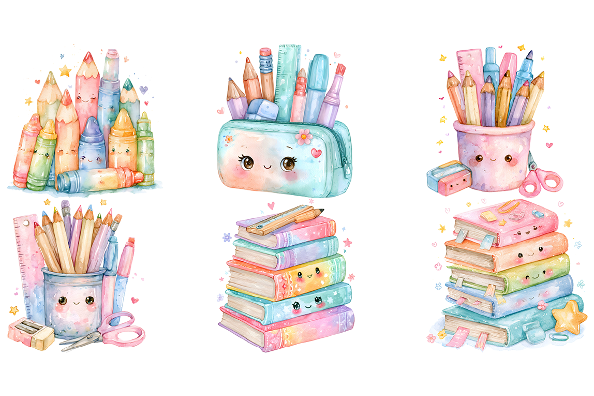Watercolor School Supplies Clipart, a Decorative Illustration by stickermadness (Photo 4 of 4)