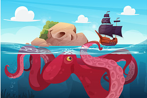 Octopus pirate ship sailing tropical, an Animal Illustration by Lemberg Vector