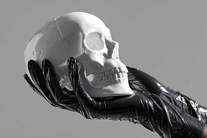 Detailing a human skull held delicately in a gloved hand against a simple backd, a Holiday Photo by AlyaAnd