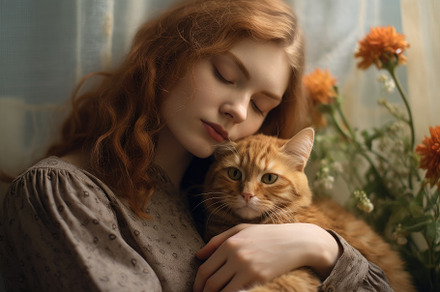 A photo of a woman sitting peacefully, cradling her cat in her a, an Animal Photo by designvectx